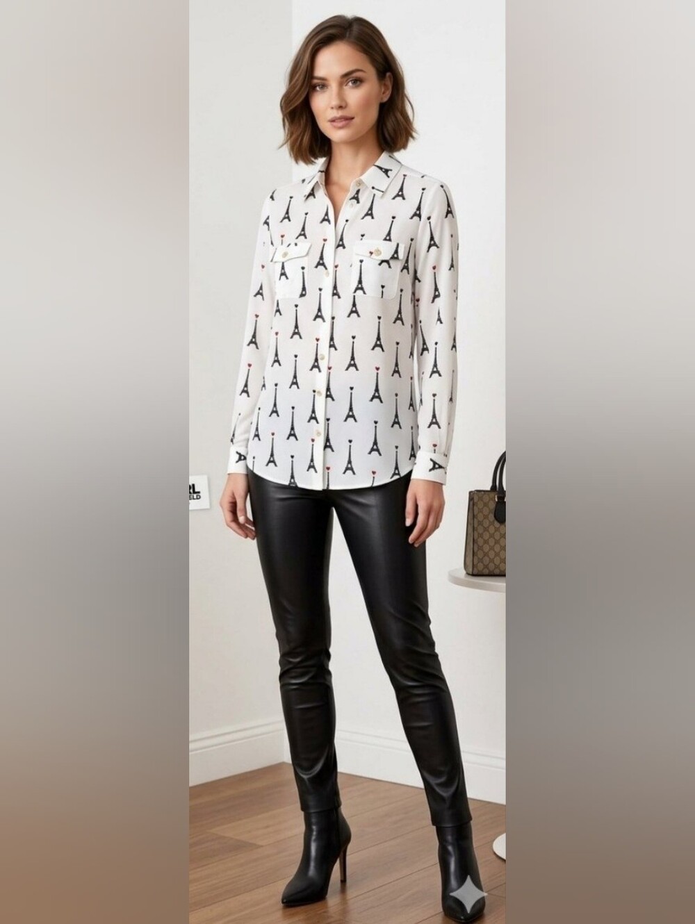 Karl Lagerfeld Top, Size S, White Buttonfront, Eiffel Tower, Paris Print